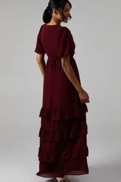V Neck Puff Sleeve Tiered Georgette Bridesmaids Dress