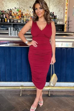 V Neck Ruched Bodycon Midi Dress