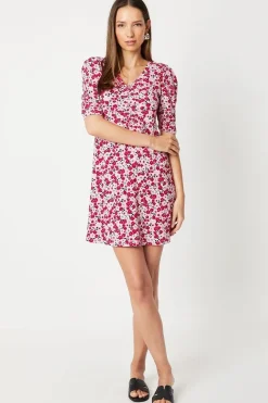 V Neck Ruched Front Puff Sleeve Mini Dress