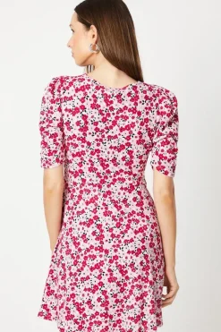V Neck Ruched Front Puff Sleeve Mini Dress