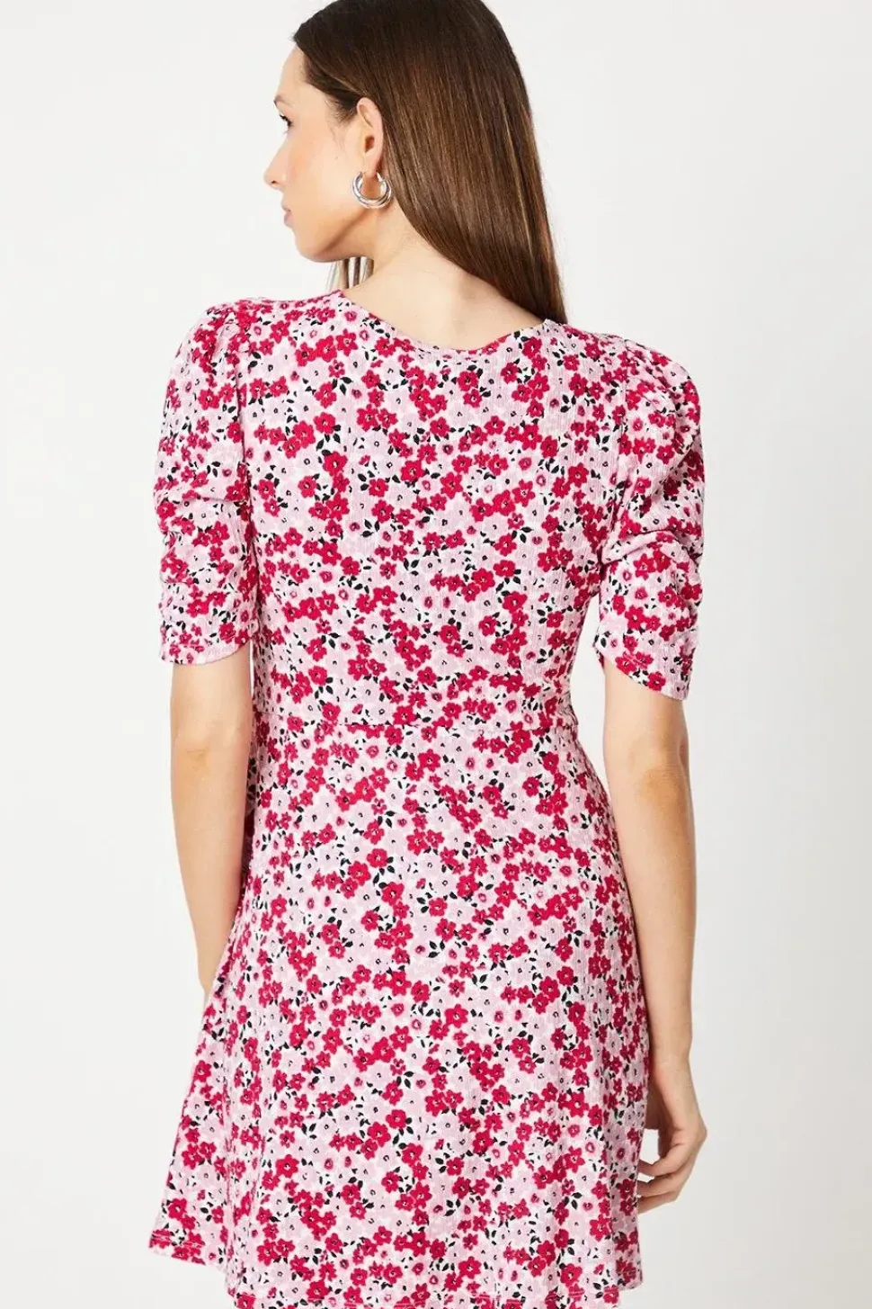 V Neck Ruched Front Puff Sleeve Mini Dress