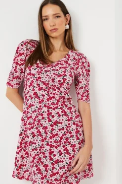 V Neck Ruched Front Puff Sleeve Mini Dress