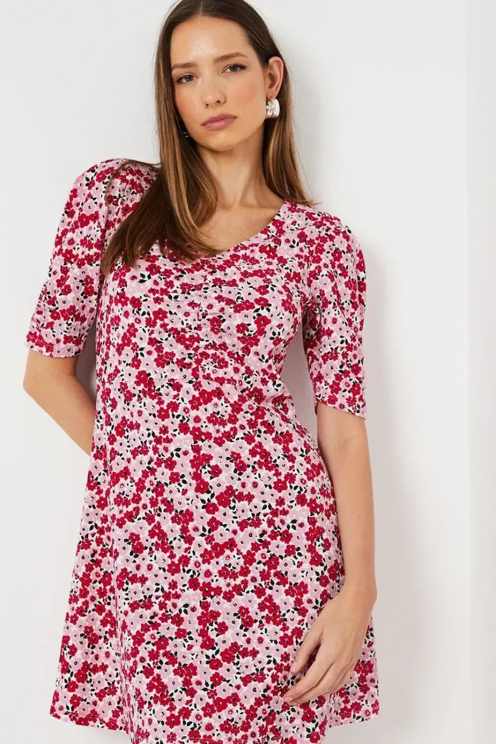 V Neck Ruched Front Puff Sleeve Mini Dress