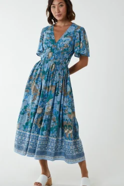 V Neck Ruffle Detail Tiered Midi Dress