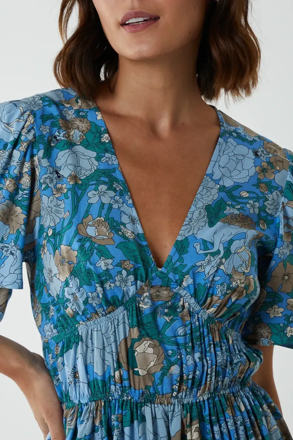 V Neck Ruffle Detail Tiered Midi Dress