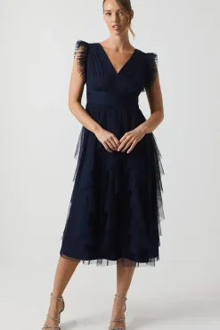 V Neck Ruffle Mesh Bridesmaid Midi Dress
