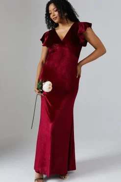 V Neck Ruffle Sleeve Velvet Bridesmaid Dress