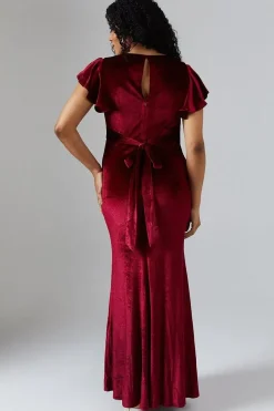 V Neck Ruffle Sleeve Velvet Bridesmaid Dress