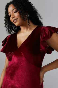 V Neck Ruffle Sleeve Velvet Bridesmaid Dress