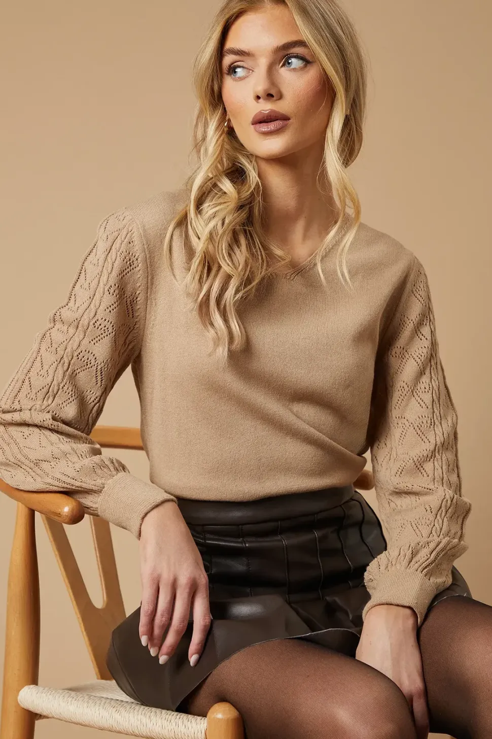 V Neck Scallop Detail Bow Pointelle Jumper