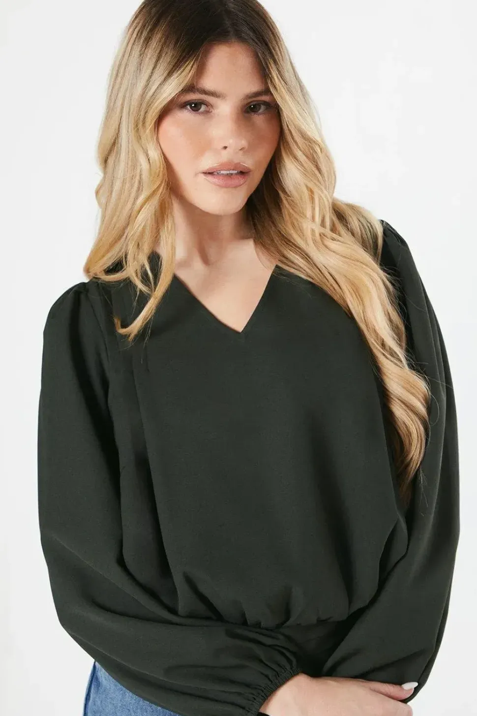 V Neck Shirred Hem Blouse