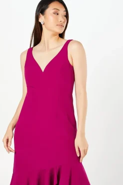 V Neck Sleeveless Peplum Hem Crepe Midi Wedding Guest Dress