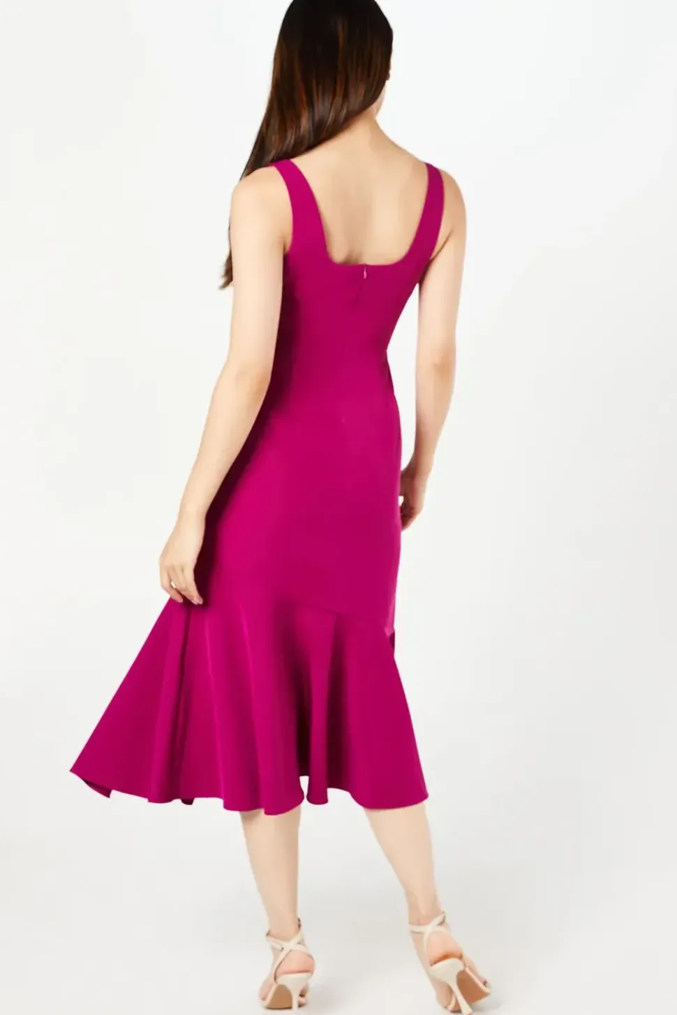 V Neck Sleeveless Peplum Hem Crepe Midi Wedding Guest Dress