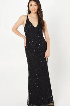 V Neck Strappy Beaded Maxi Dress