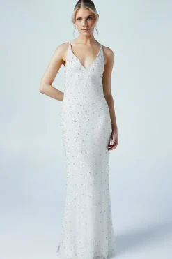 V Neck Strappy Beaded Wedding Dress