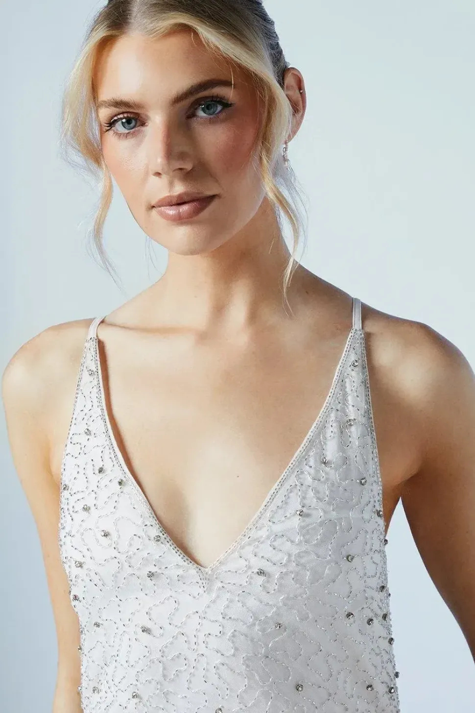 V Neck Strappy Beaded Wedding Dress