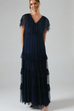V Neck Tiered Mesh Maxi Bridesmaid Dress