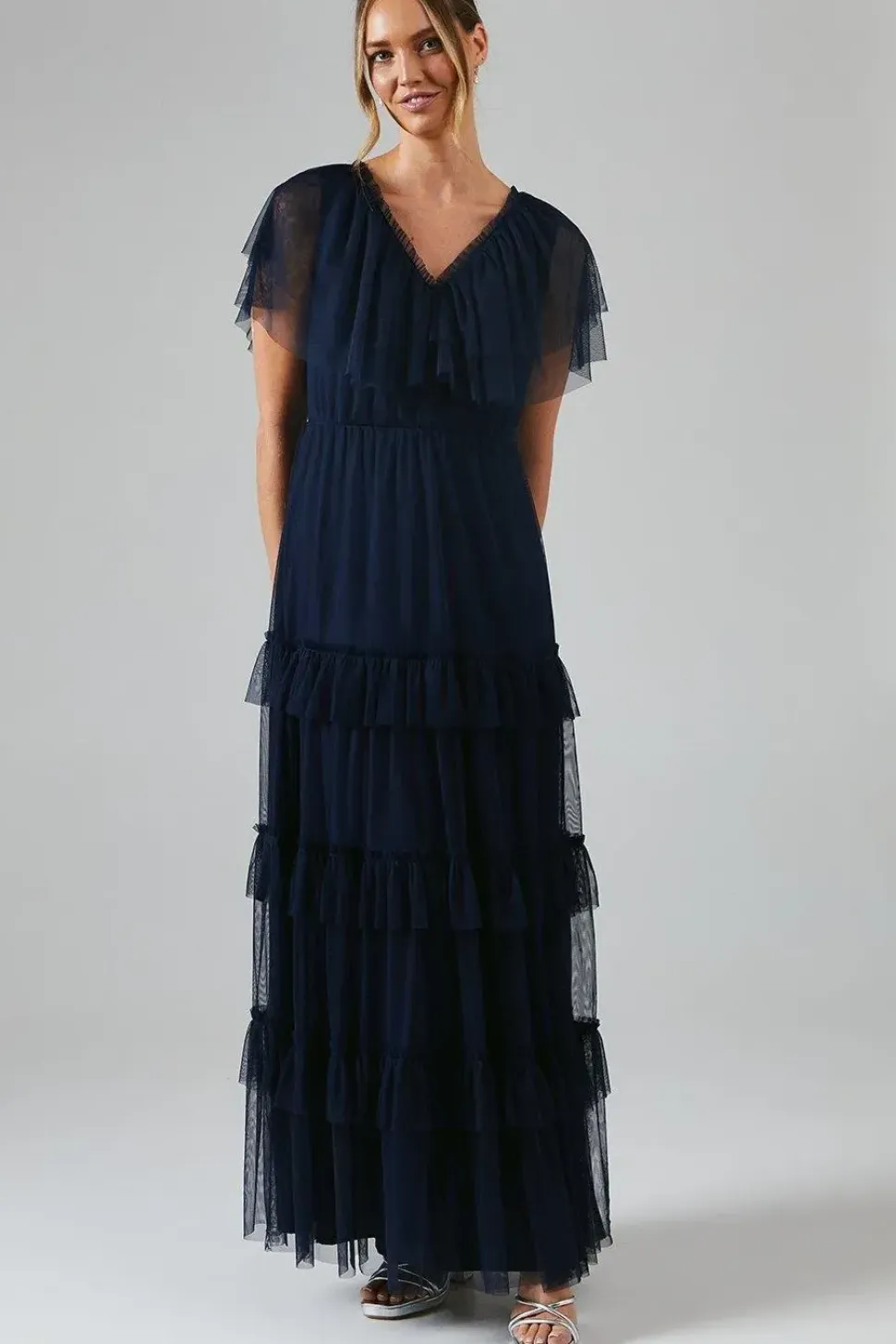 V Neck Tiered Mesh Maxi Bridesmaid Dress