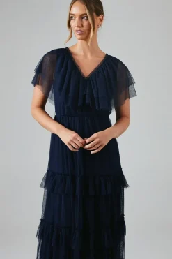 V Neck Tiered Mesh Maxi Bridesmaid Dress