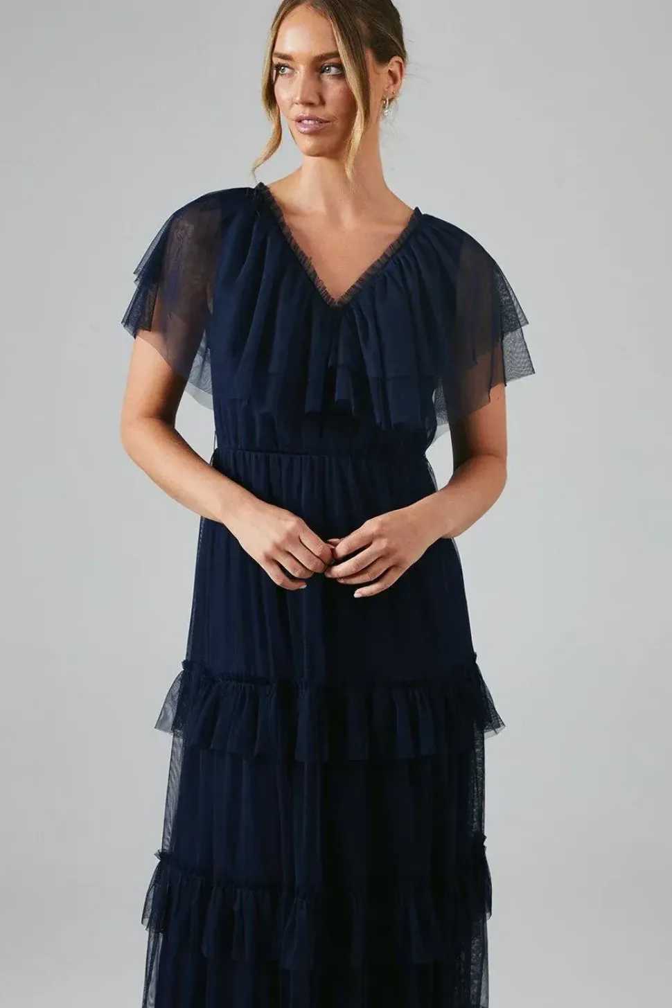 V Neck Tiered Mesh Maxi Bridesmaid Dress