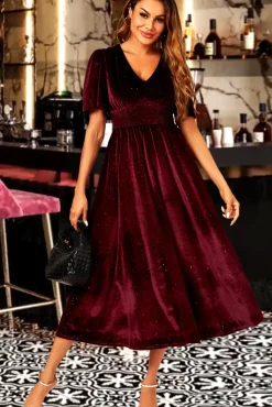 V Neck Velvet Maxi Dress In Wine