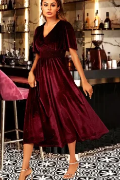 V Neck Velvet Maxi Dress In Wine