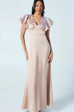 V Neck Waist Detail Satin Bridesmaids Dress