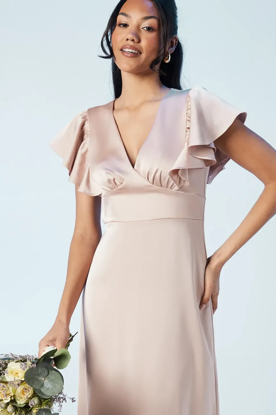 V Neck Waist Detail Satin Bridesmaids Dress