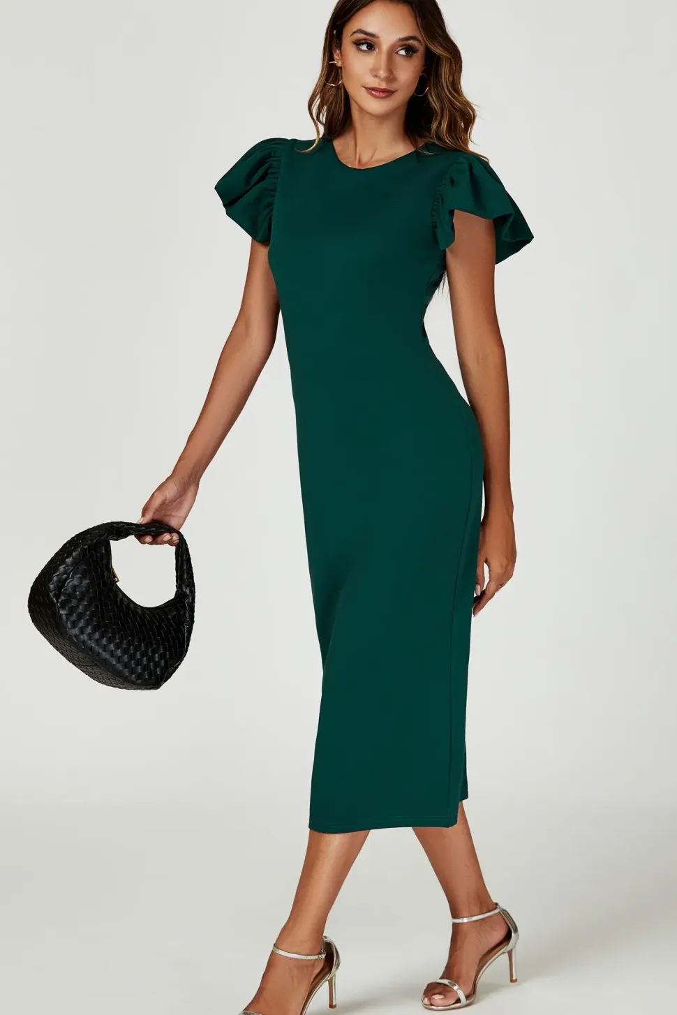 Volume Sleeve Bodycon Midi Dress In Green