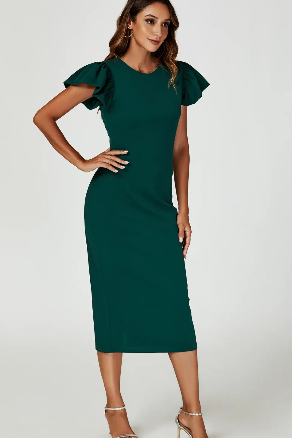 Volume Sleeve Bodycon Midi Dress In Green