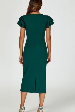Volume Sleeve Bodycon Midi Dress In Green