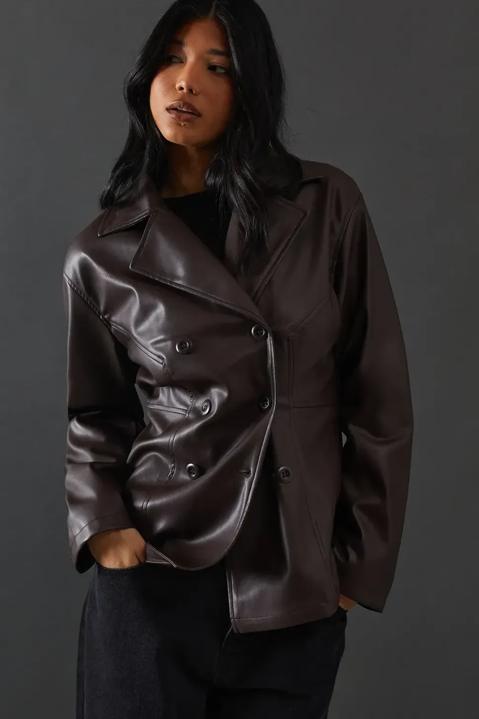 Waist Detail Faux Leather Jacket