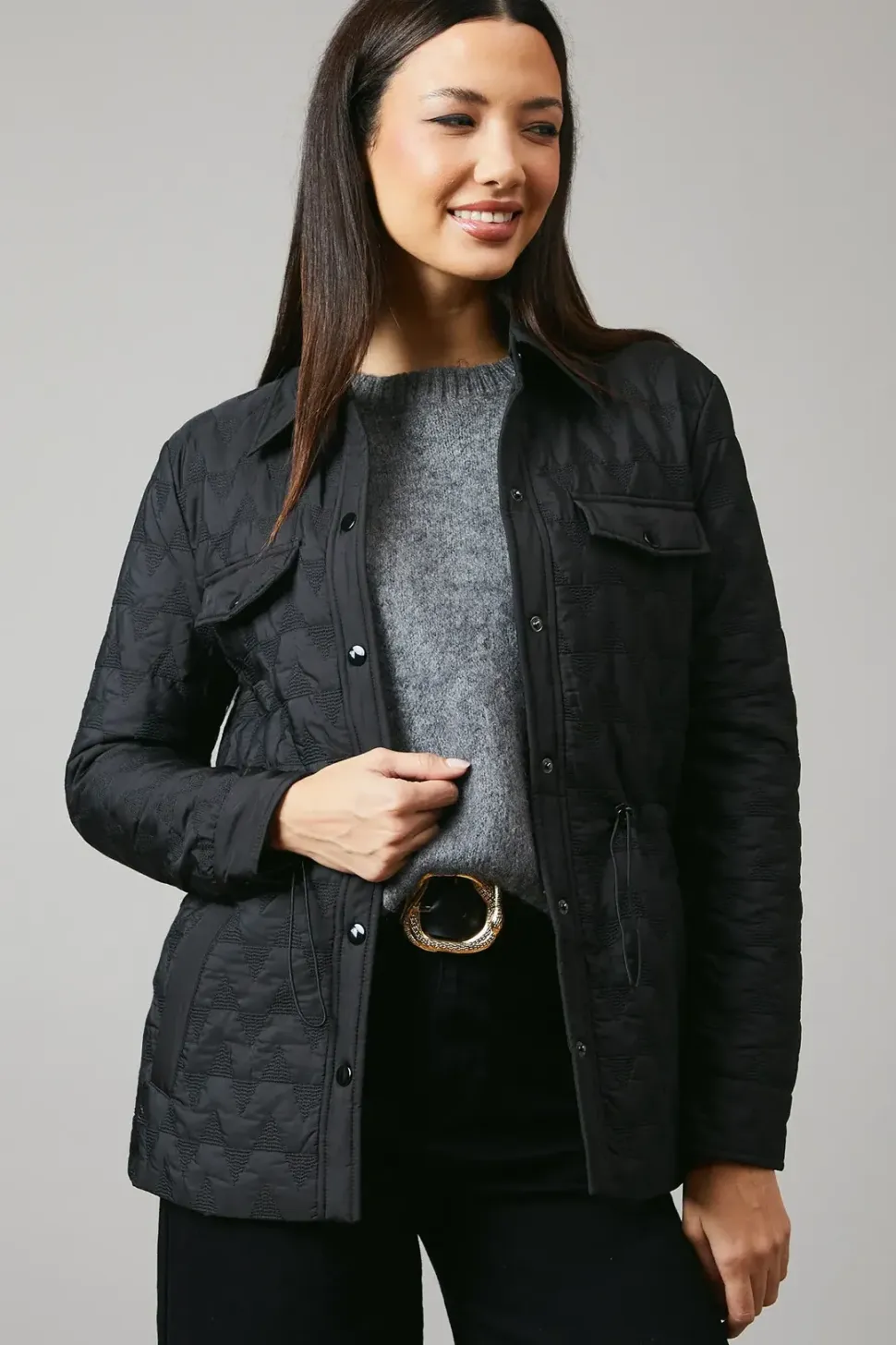Waist Detail Popper Quilted Jacket