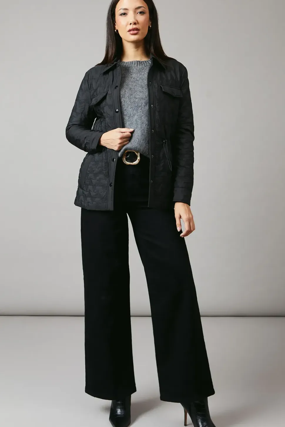 Waist Detail Popper Quilted Jacket