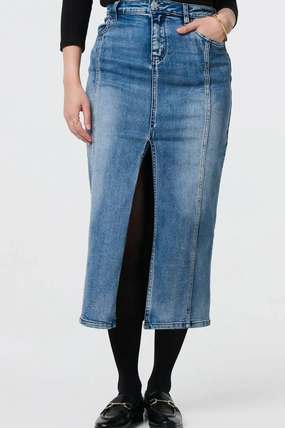 Washed Denim Split Hem Knee Length Skirt