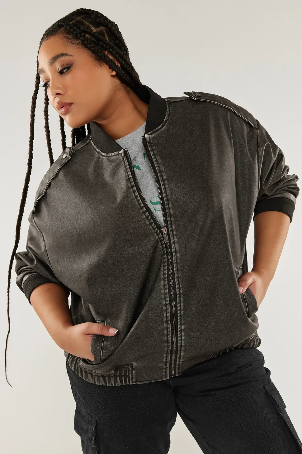 Washed Faux Leather Bomber Jacket
