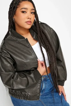 Washed Faux Leather Bomber Jacket