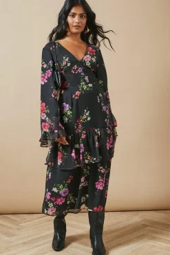 Watercolour Floral Chiffon Ruffle Midi Dress