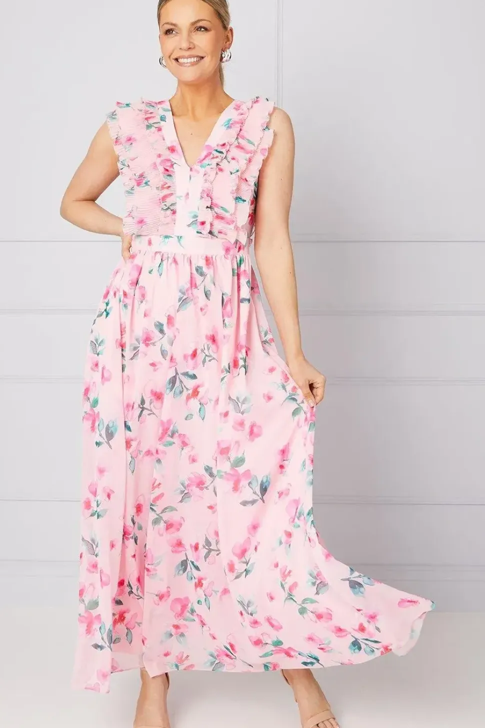 Watercolour Floral Pleated Ruffle Maxi Dress
