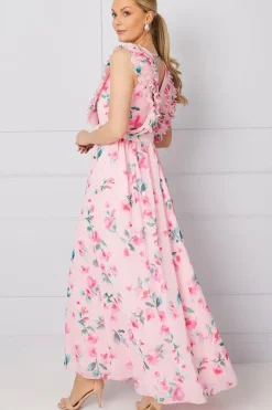 Watercolour Floral Pleated Ruffle Maxi Dress