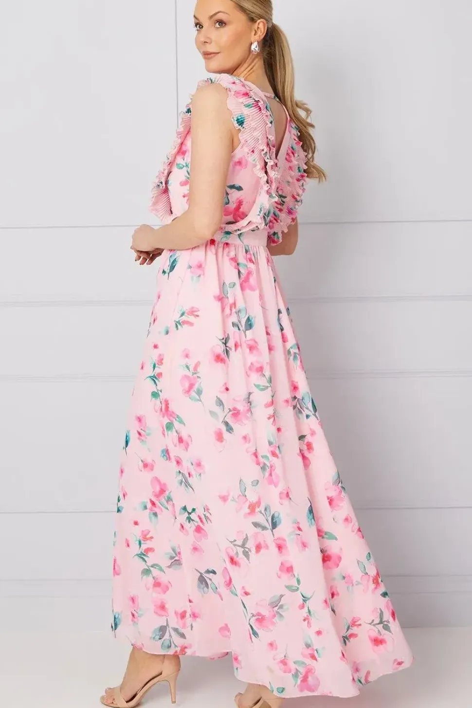 Watercolour Floral Pleated Ruffle Maxi Dress