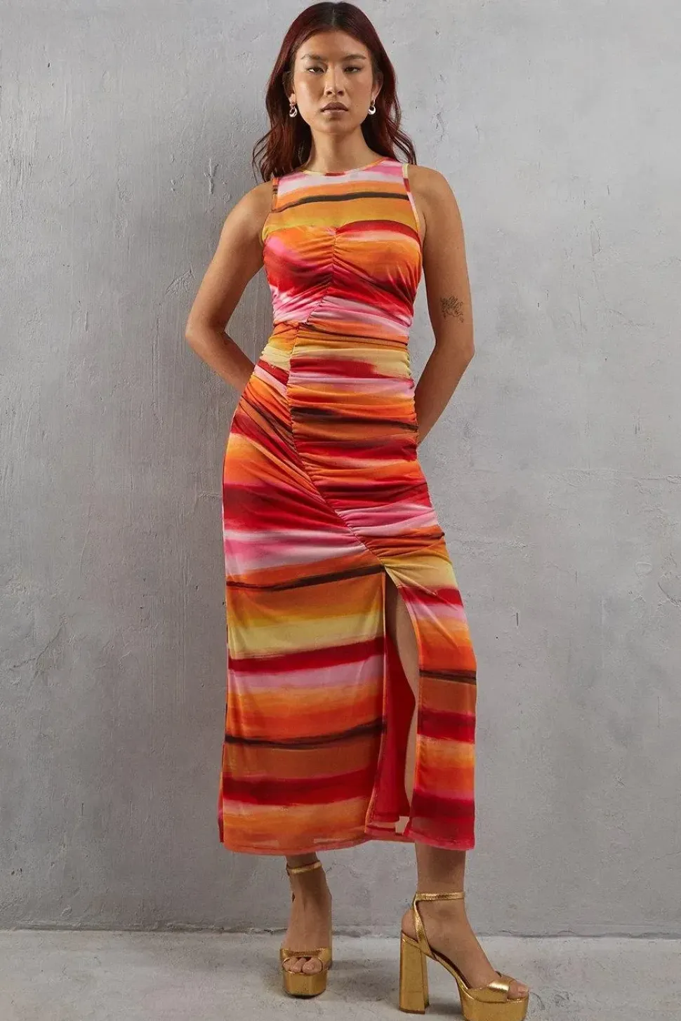 Watercolour Mesh Sleeveless Channel Detail Fitted Midi Dress