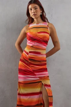 Watercolour Mesh Sleeveless Channel Detail Fitted Midi Dress