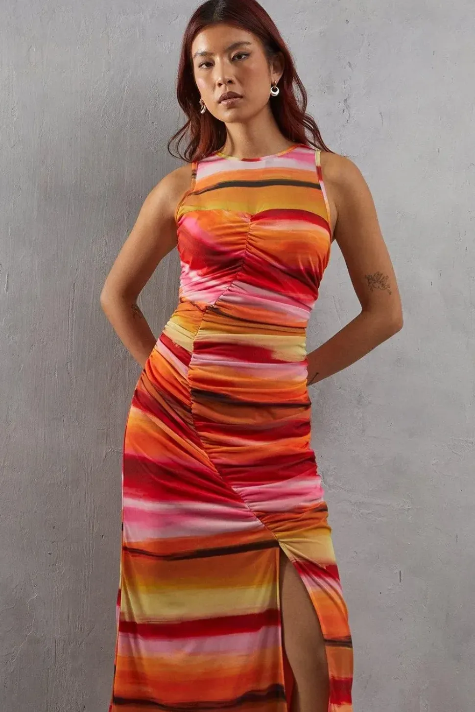 Watercolour Mesh Sleeveless Channel Detail Fitted Midi Dress