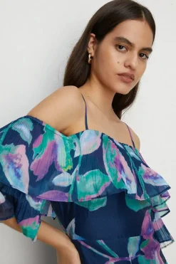 Watercolour Organza Pleated Ruffle Midi Dress