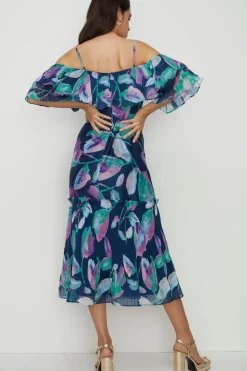 Watercolour Organza Pleated Ruffle Midi Dress