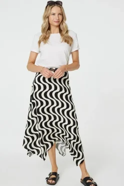 Wave Print Hanky Hem Belt Midi Skirt