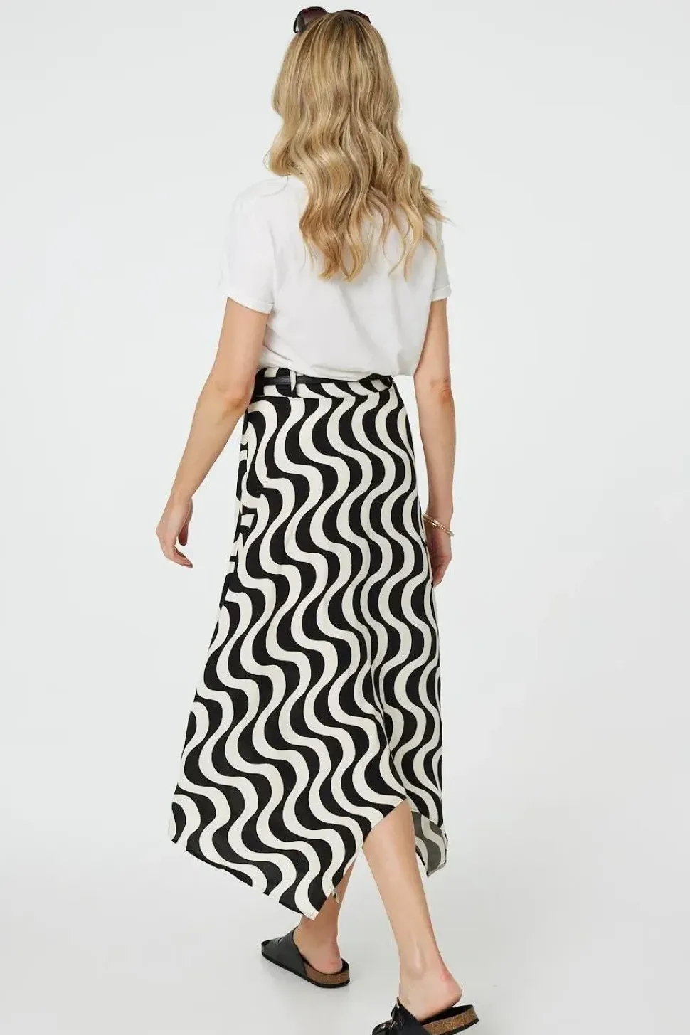 Wave Print Hanky Hem Belt Midi Skirt