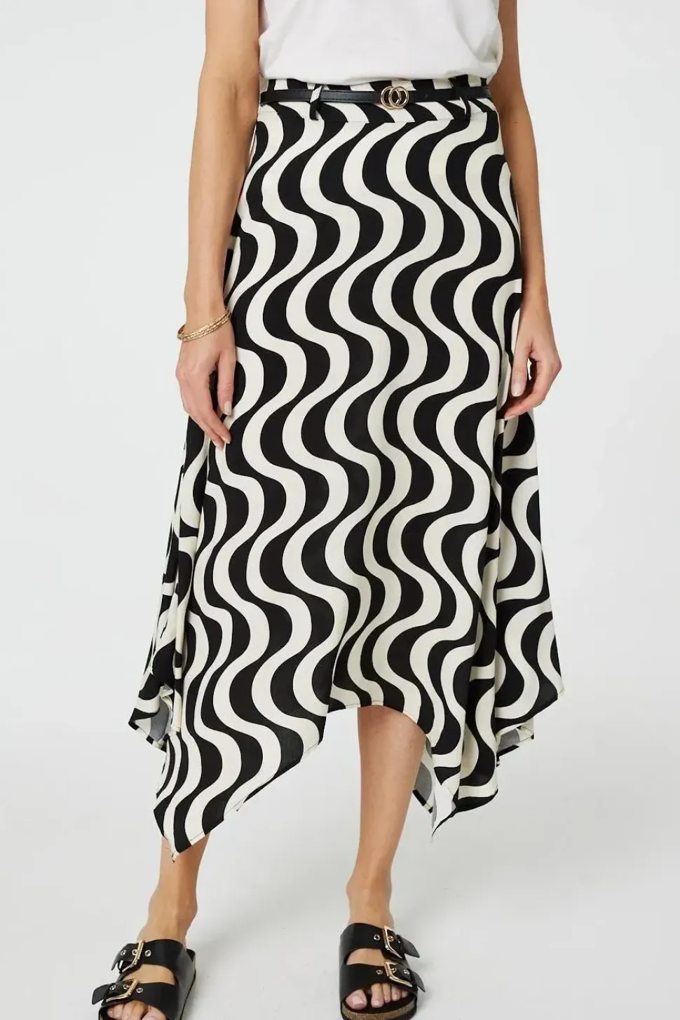 Wave Print Hanky Hem Belt Midi Skirt