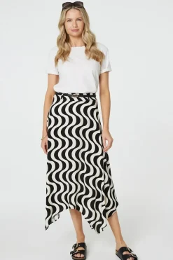 Wave Print Hanky Hem Belt Midi Skirt